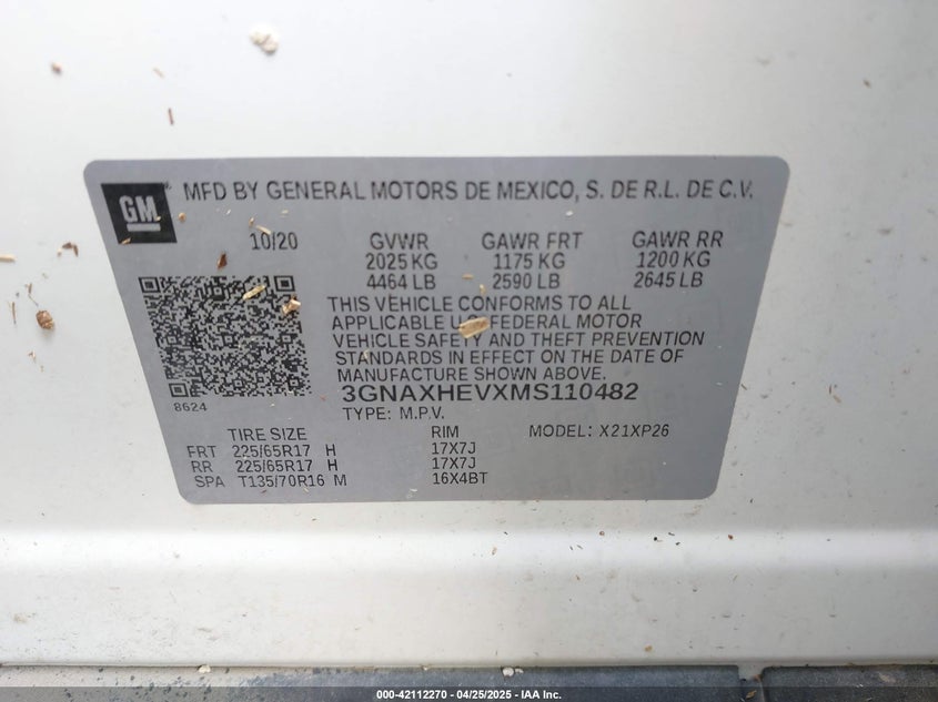VIN 3GNAXHEVXMS110482 2021 CHEVROLET EQUINOX FWD LS