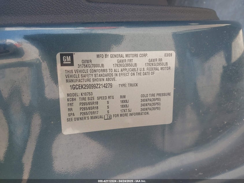 2009 CHEVROLET SILVERADO 1500 VIN: 1GCEK29099Z214279