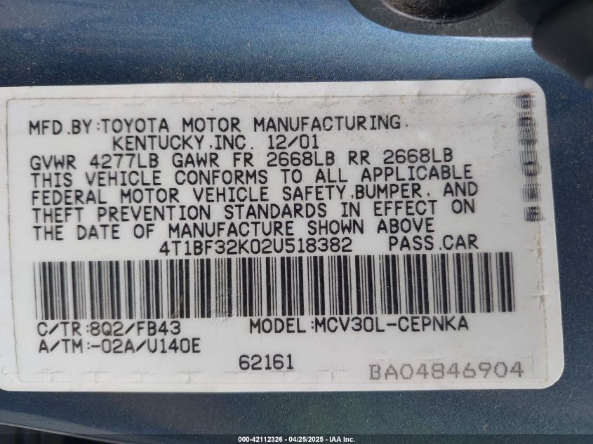 2002 Toyota Camry Le V6 VIN: 4T1BF32K02U518382 Lot: 42112326