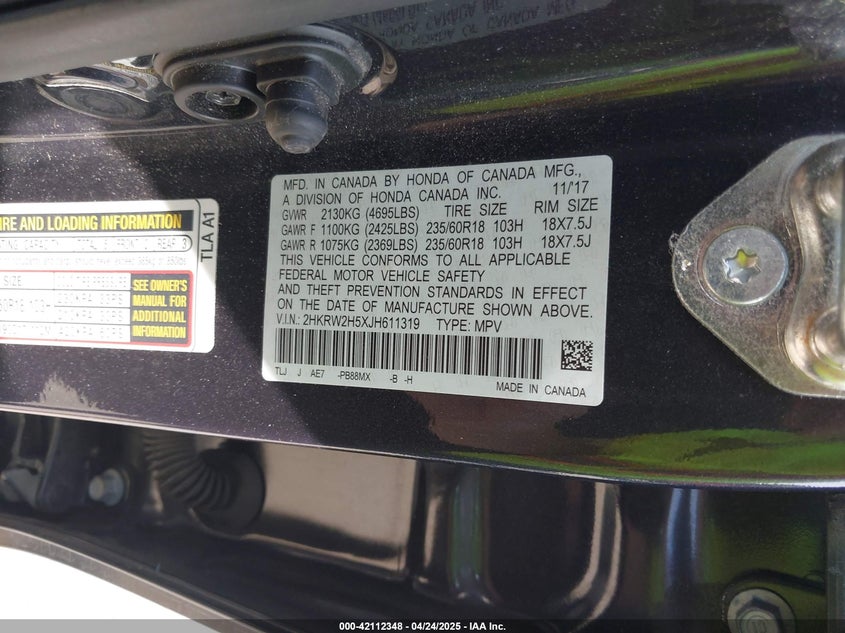 2018 HONDA CR-V VIN: 2HKRW2H5XJH611319