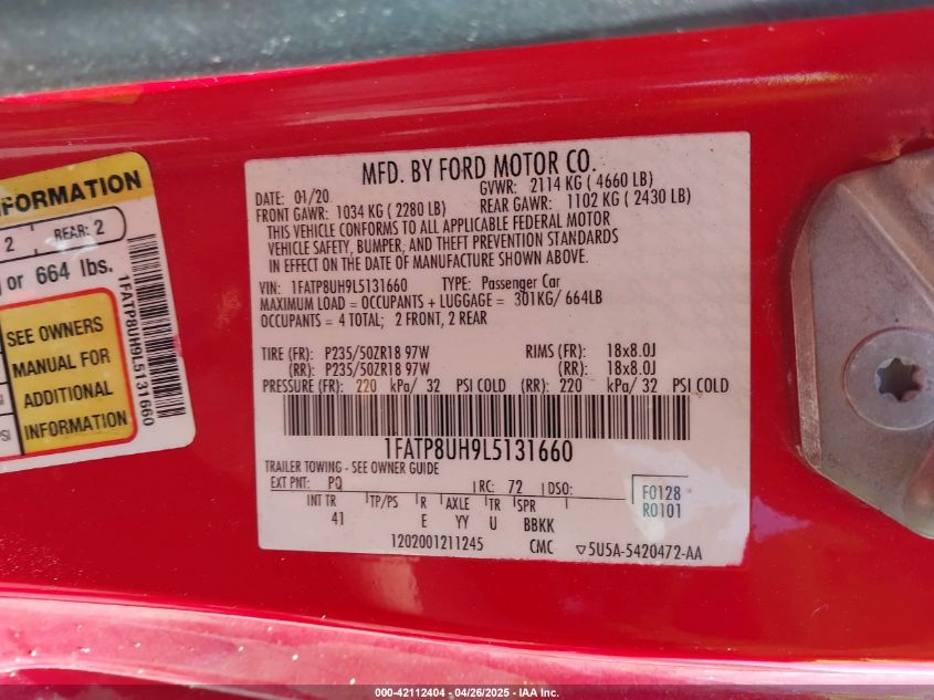 2020 Ford Mustang Ecoboost Premium VIN: 1FATP8UH9L5131660 Lot: 42112404