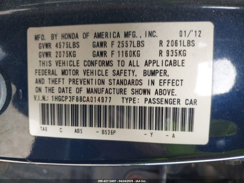 2012 Honda Accord 3.5 Ex-L VIN: 1HGCP3F88CA014977 Lot: 42112457