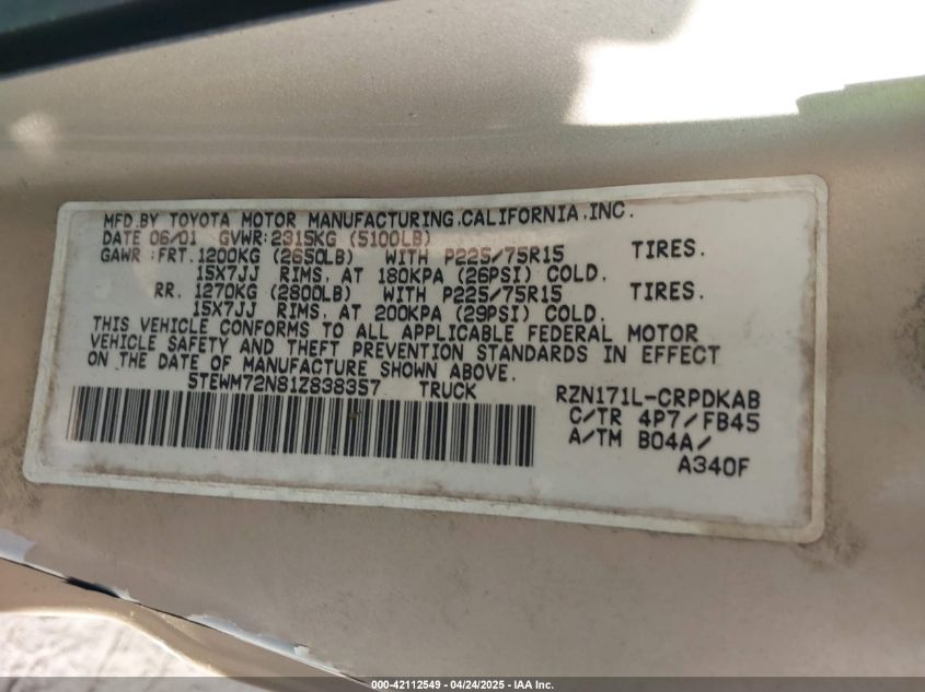 2001 Toyota Tacoma VIN: 5TEWM72N81Z838357 Lot: 42112549