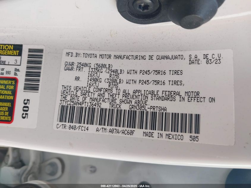 2023 Toyota Tacoma Sr5 V6 VIN: 3TYCZ5AN4PT136492 Lot: 42112563