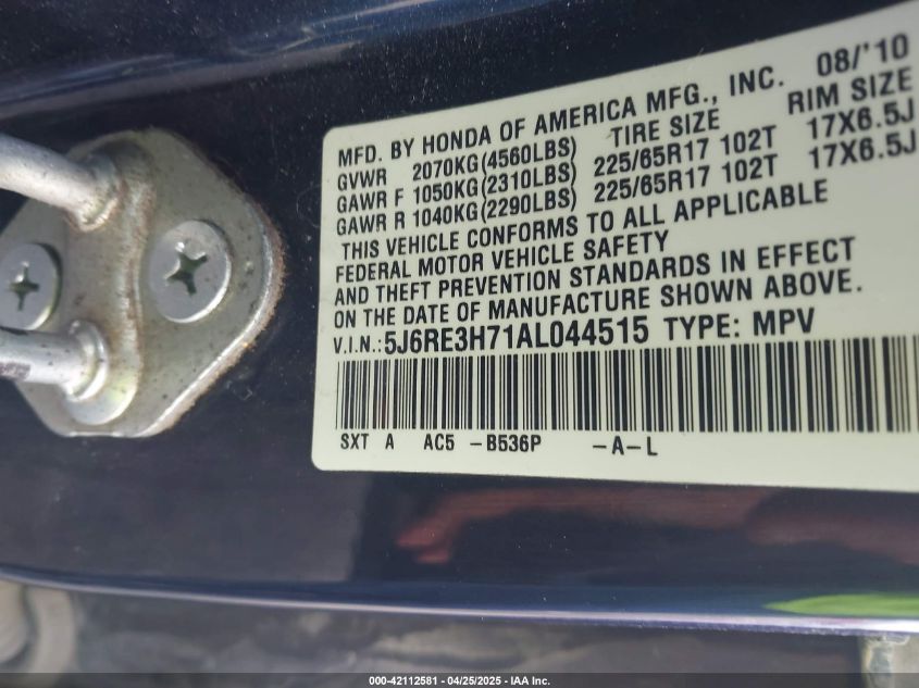 2010 Honda Cr-V Ex-L VIN: 5J6RE3H71AL044515 Lot: 42112581