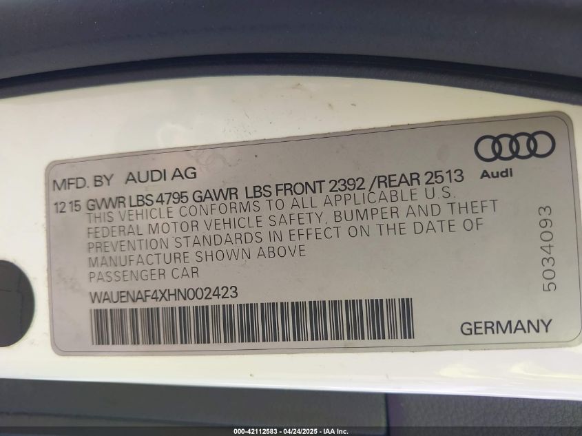 2017 Audi A4 2.0T Premium VIN: WAUENAF4XHN002423 Lot: 42112583
