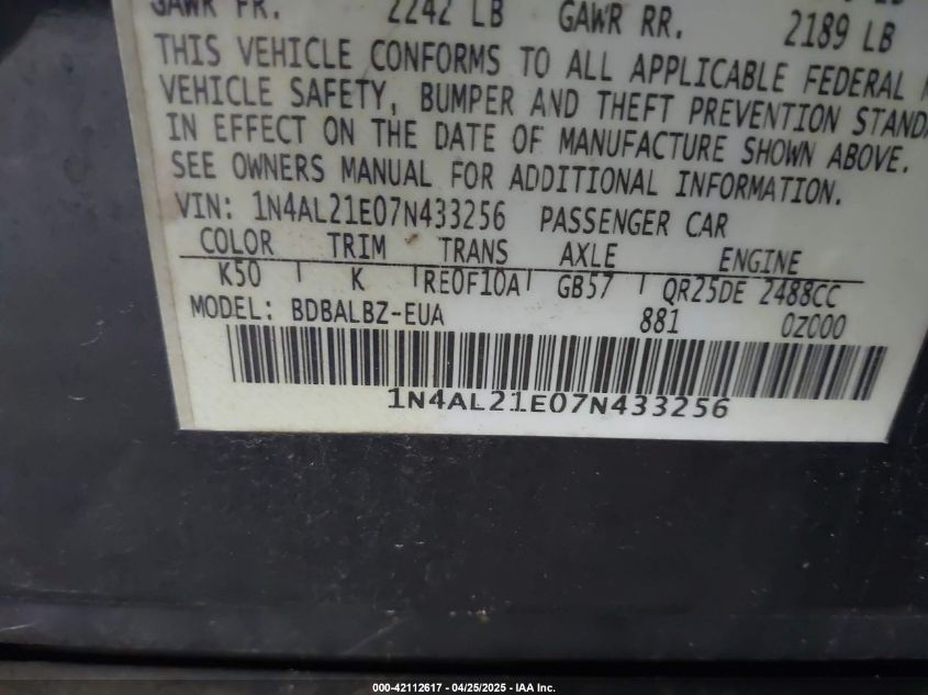 2007 Nissan Altima 2.5 S VIN: 1N4AL21E07N433256 Lot: 42112617