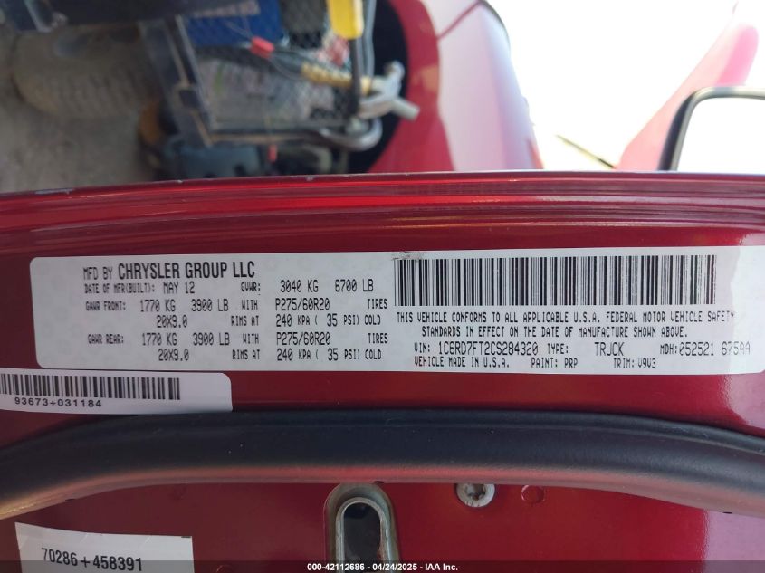 2012 Ram 1500 St VIN: 1C6RD7FT2CS284320 Lot: 42112686