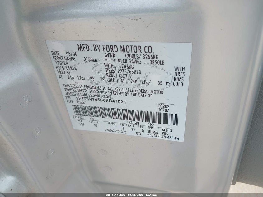 2006 FORD F-150 VIN: 1FTPW14506FB47031
