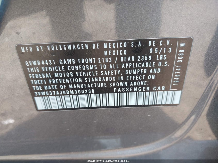 2013 VOLKSWAGEN JETTA HYBRID VIN: 3VW637AJ6DM300238