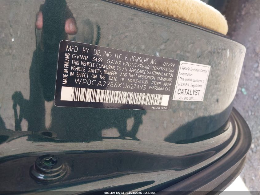 1999 Porsche Boxster VIN: WP0CA2986XU627495 Lot: 42112724