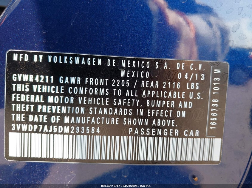 2013 VOLKSWAGEN JETTA VIN: 3VWDP7AJ5DM293584