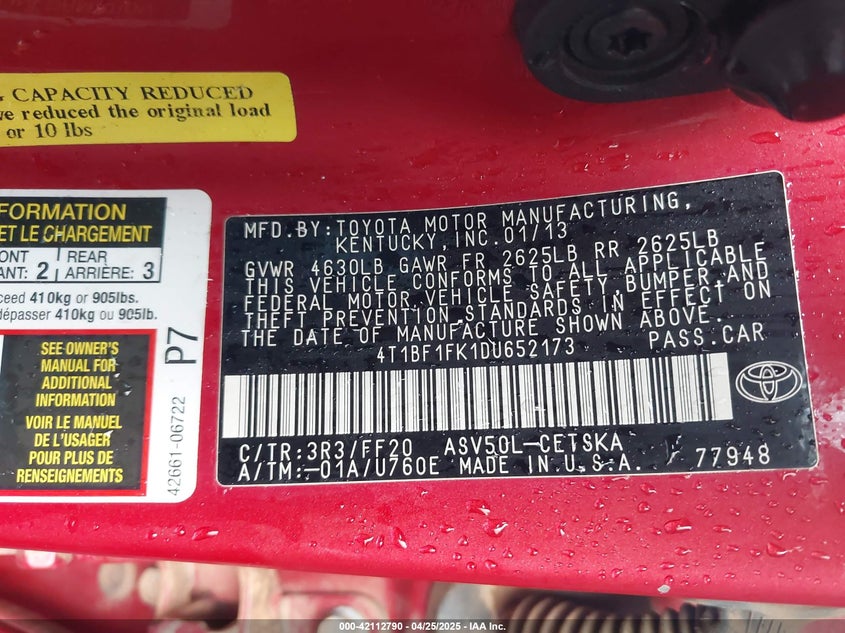 2013 TOYOTA CAMRY VIN: 4T1BF1FK1DU652173