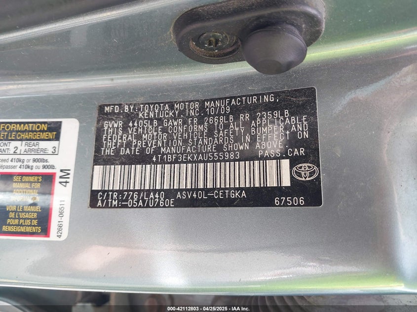 2010 TOYOTA CAMRY VIN: 4T1BF3EKXAU555983