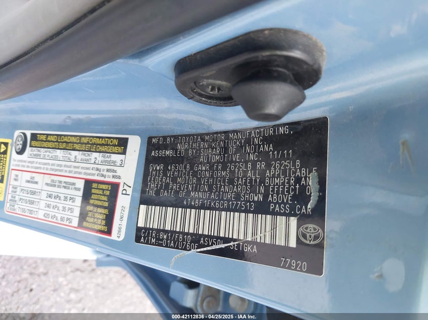 2012 TOYOTA CAMRY VIN: 4T4BF1FK6CR177513