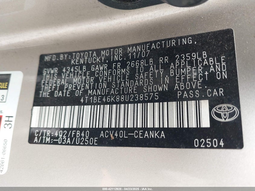 2008 TOYOTA CAMRY VIN: 4T1BE46K88U238575