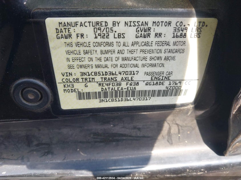 2006 NISSAN SENTRA VIN: 3N1CB51D36L470317