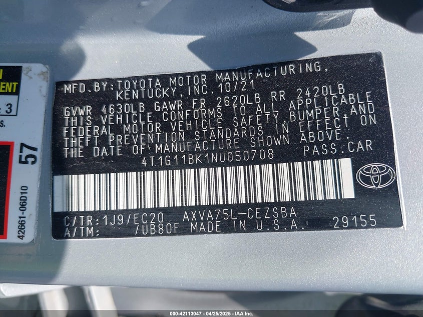 2022 TOYOTA CAMRY VIN: 4T1G11BK1NU050708
