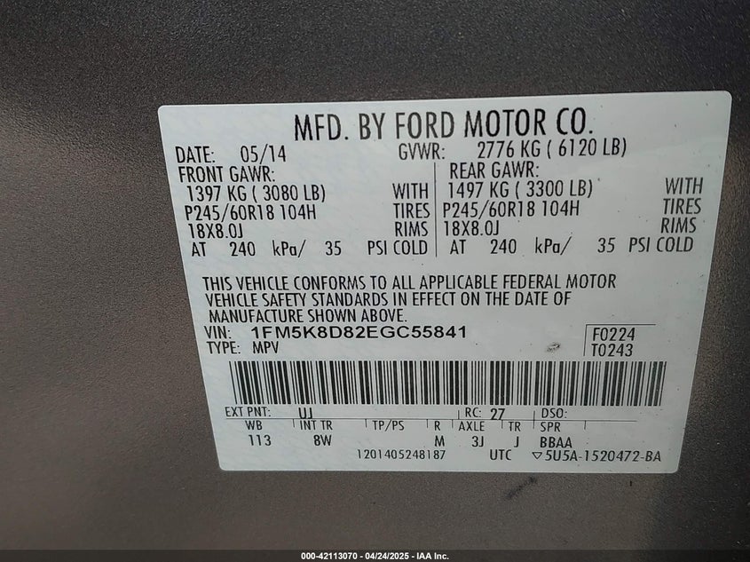 2014 FORD EXPLORER VIN: 1FM5K8D82EGC55841