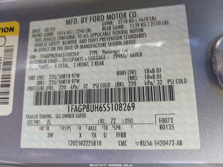 2025 FORD MUSTANG VIN: 1FAGP8UH6S5108269