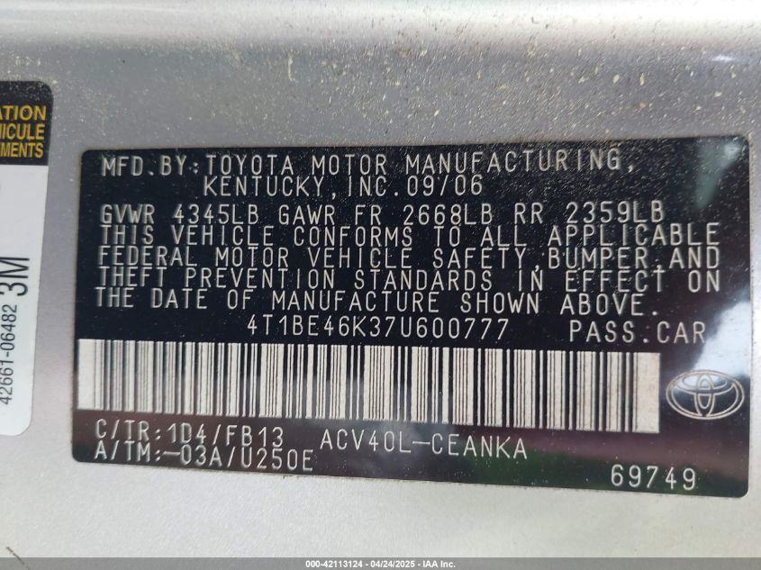 2007 Toyota Camry Ce/Le/Se/Xle VIN: 4T1BE46K374600777 Lot: 42113124