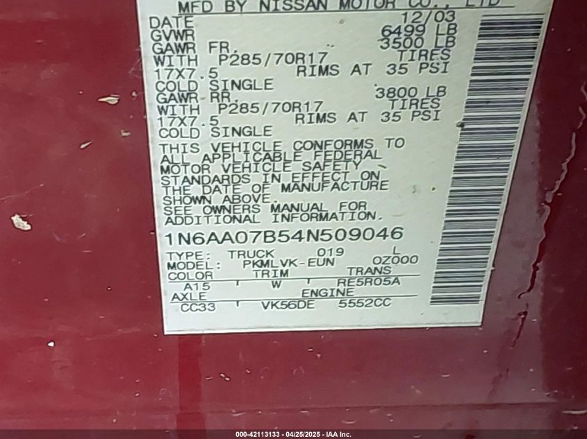 2004 Nissan Titan Le VIN: 1N6AA07B54N509046 Lot: 42113133