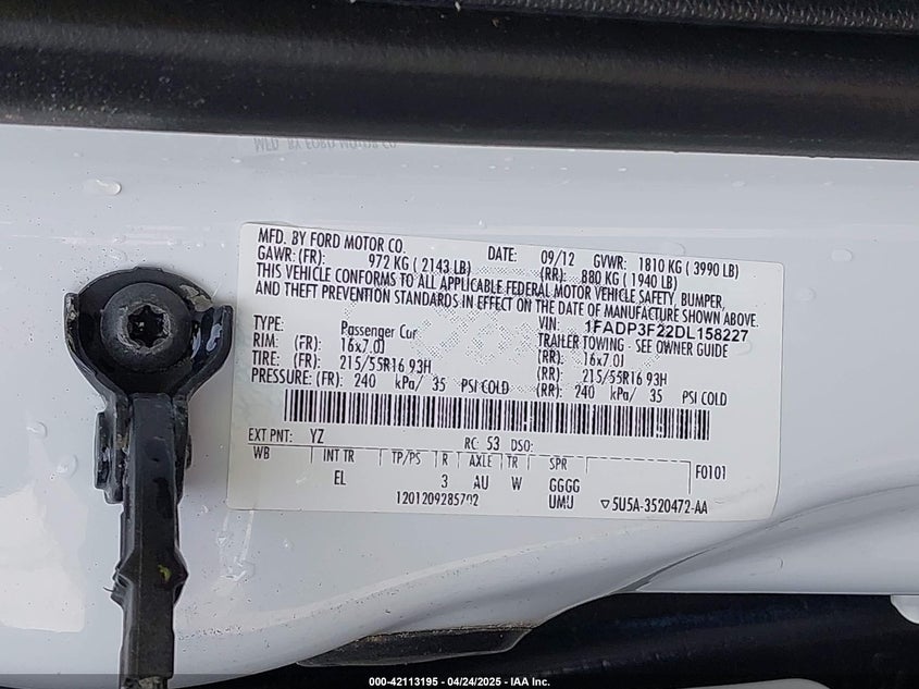 2013 FORD FOCUS VIN: 1FADP3F22DL158227