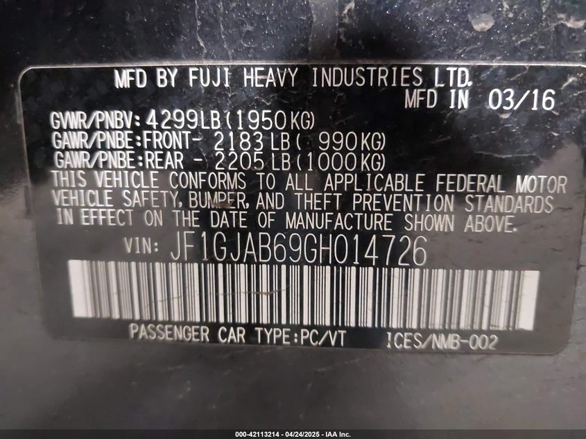 2016 SUBARU IMPREZA VIN: JF1GJAB69GH014726