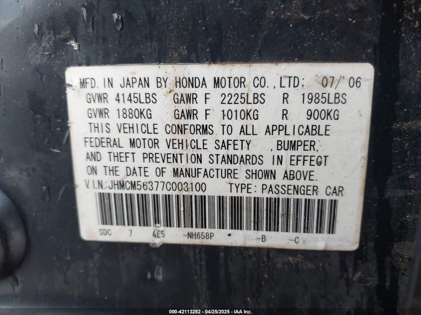 2007 Honda Accord 2.4 Se VIN: JHMCM56377C003100 Lot: 42113282