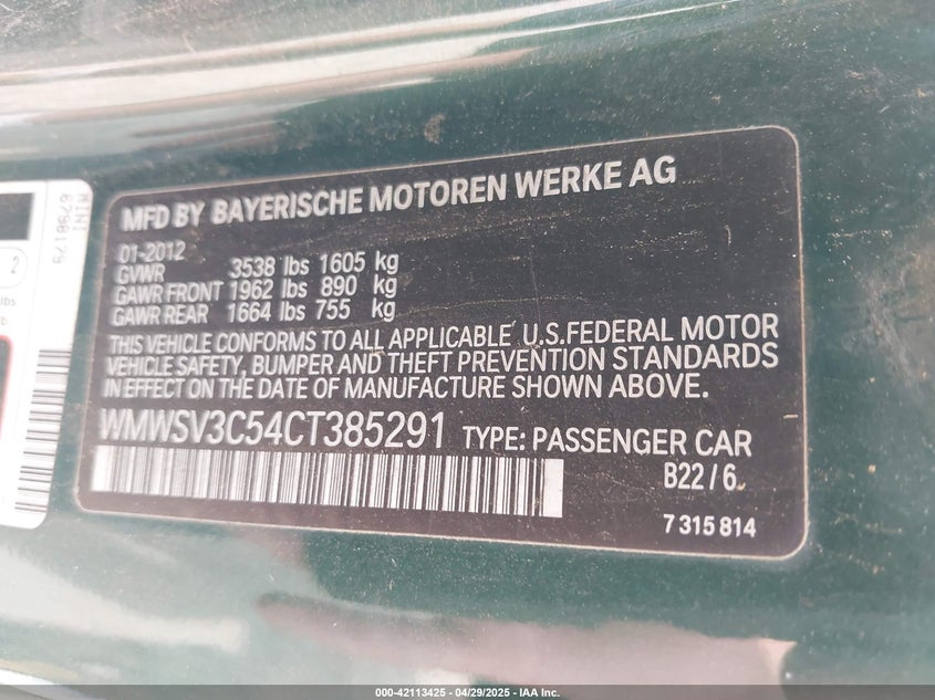 2012 MINI COOPER S VIN: WMWSV3C54CT385291