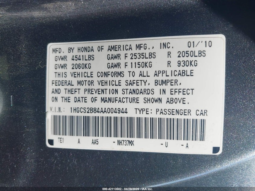 2010 HONDA ACCORD VIN: 1HGCS2B84AA004944
