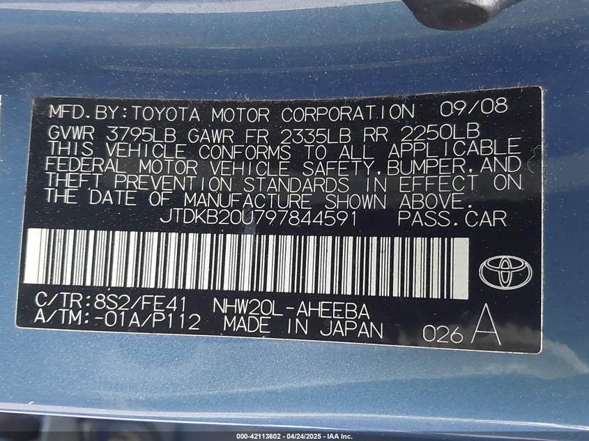 2009 TOYOTA PRIUS VIN: JTDKB20U797844591
