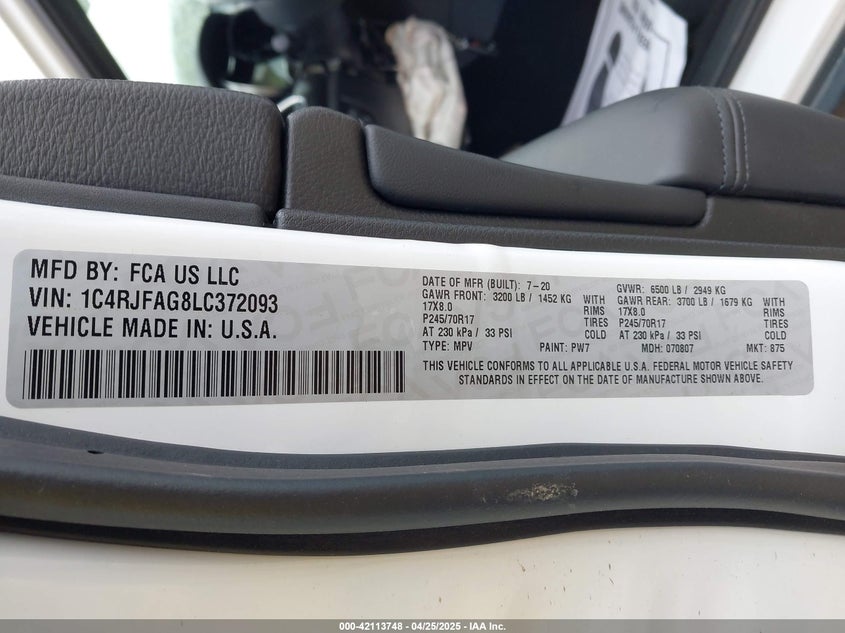 2020 JEEP GRAND CHEROKEE VIN: 1C4RJFAG8LC372093