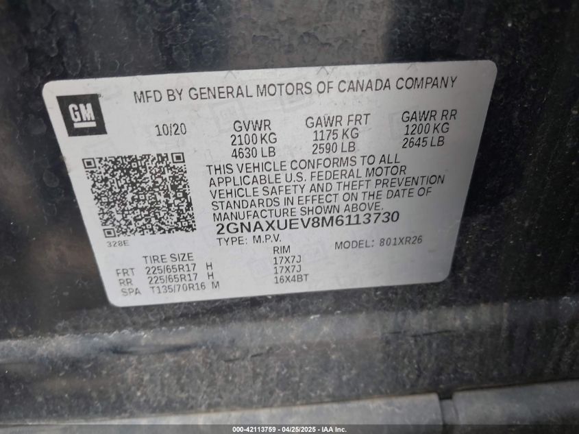 2021 Chevrolet Equinox Awd Lt VIN: 2GNAXUEV8M6113730 Lot: 42113759