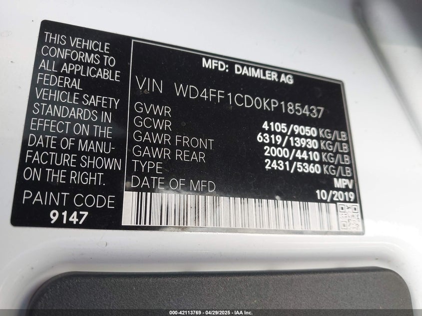 2019 MERCEDES-BENZ SPRINTER 2500 HIGH ROOF V6 - WD4FF1CD0KP185437