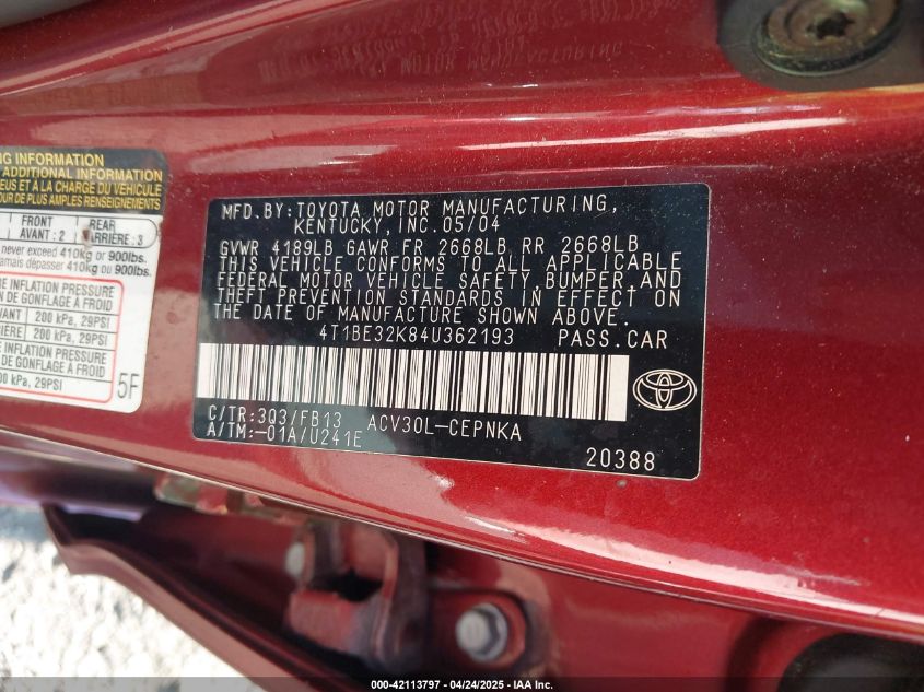 2004 Toyota Camry Le VIN: 4T1BE32K84U362193 Lot: 42113797