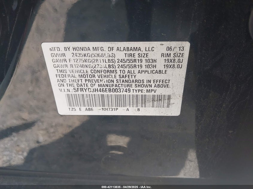 2014 ACURA MDX VIN: 5FRYD3H46EB003749