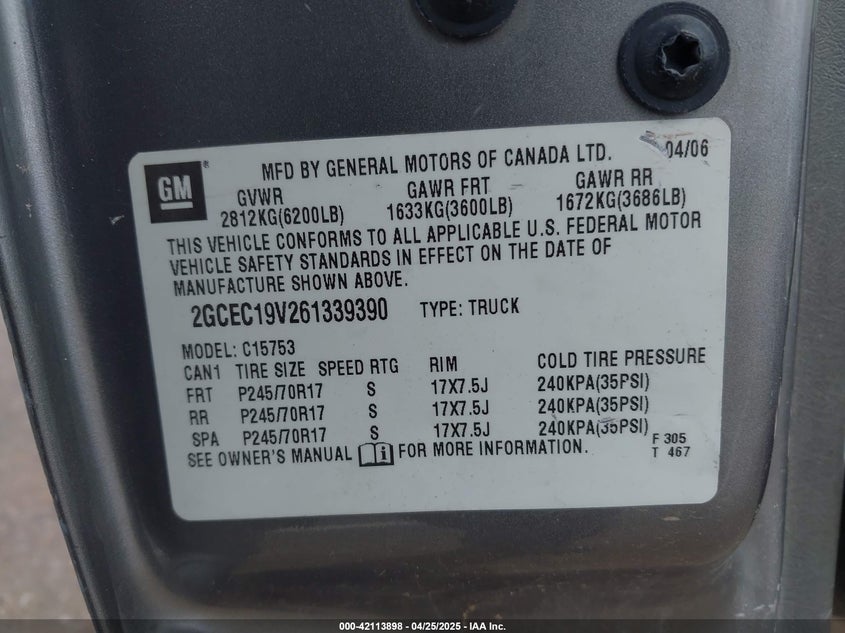 2006 CHEVROLET SILVERADO 1500 VIN: 2GCEC19V261339390