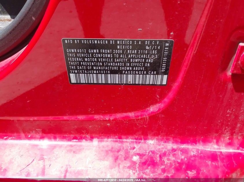 2014 VOLKSWAGEN JETTA 2.0L S - 3VW1K7AJ4EM410316