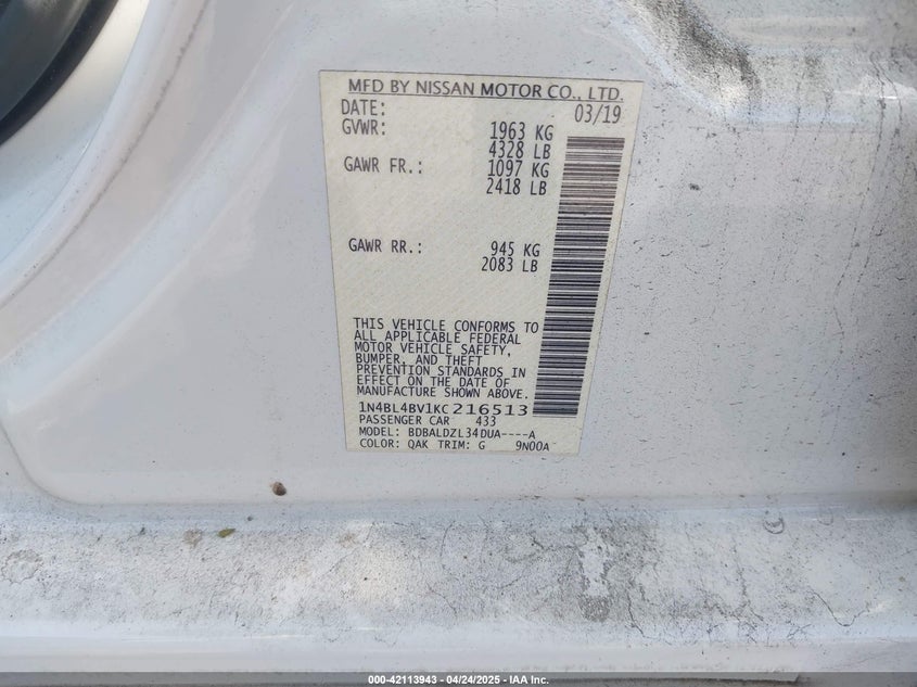 2019 NISSAN ALTIMA VIN: 1N4BL4BV1KC216513