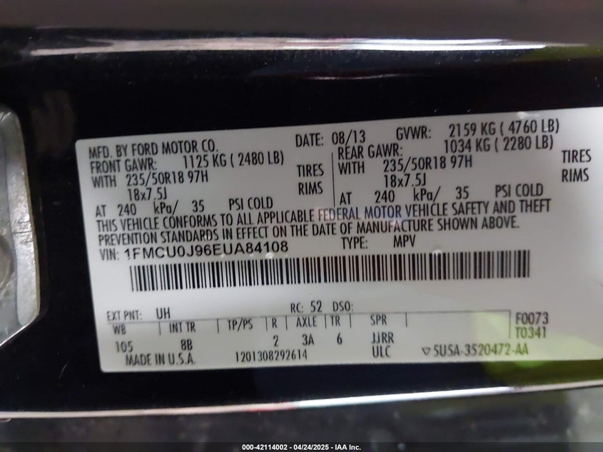 2014 FORD ESCAPE VIN: 1FMCU0J96EUA84108