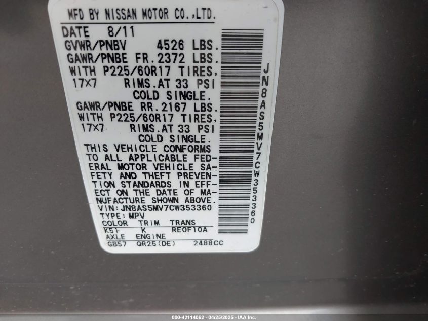 2012 Nissan Rogue Sv VIN: JN8AS5MV7CW353360 Lot: 42114062