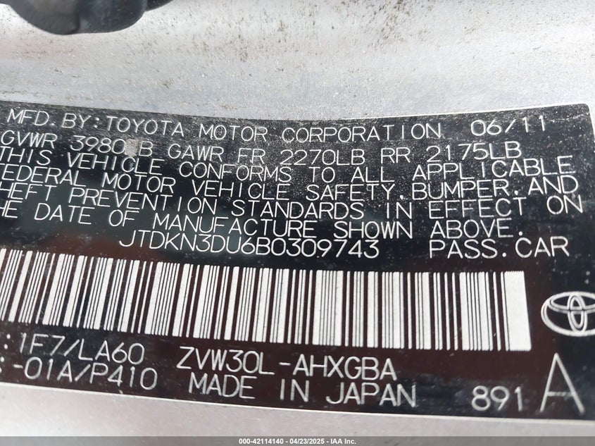 2011 TOYOTA PRIUS VIN: JTDKN3DU6B0309743