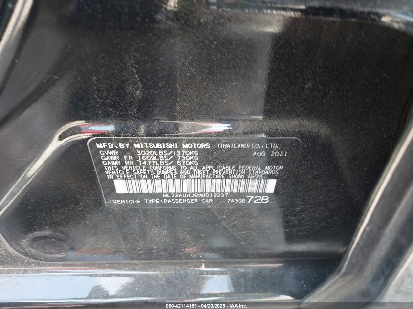 2021 Mitsubishi Mirage Carbonite Edition/Es/Le VIN: ML32AUHJ6MH012237 Lot: 42114159