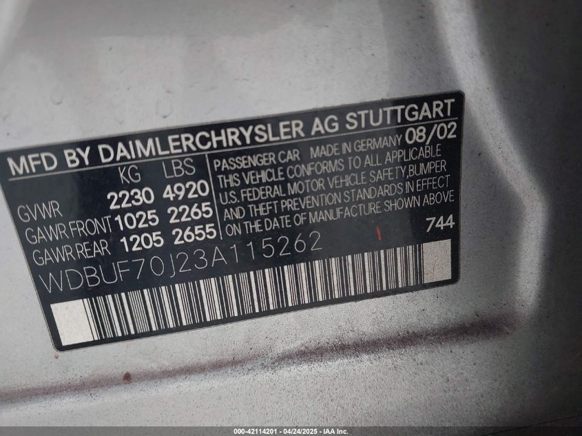 2003 Mercedes-Benz E 500 VIN: WDBUF70J23A115262 Lot: 42114201