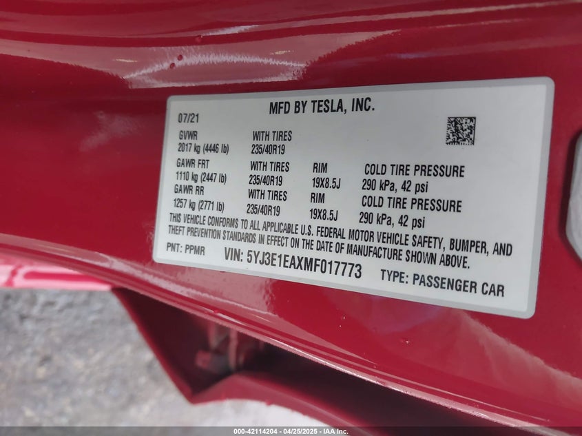 2021 TESLA MODEL 3 STANDARD RANGE PLUS REAR-WHEEL DRIVE - 5YJ3E1EAXMF017773