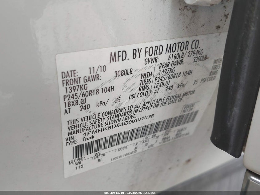 2011 FORD EXPLORER VIN: 1FMHK8D84BGA01038