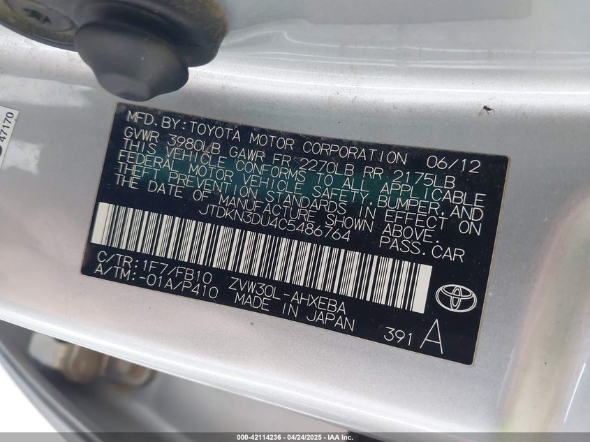 2012 TOYOTA PRIUS VIN: JTDKN3DU4C5486764