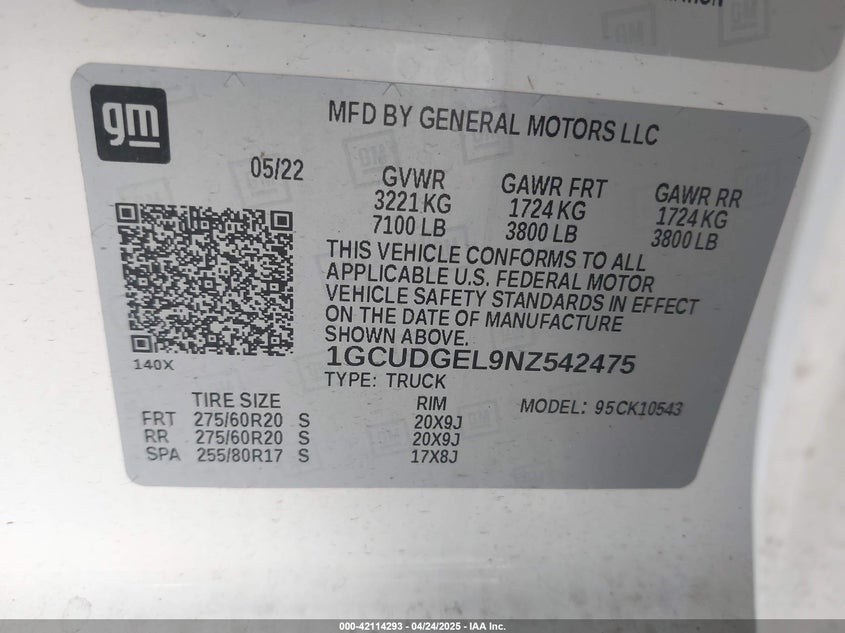 2022 CHEVROLET SILVERADO VIN: 1GCUDGEL9NZ542475