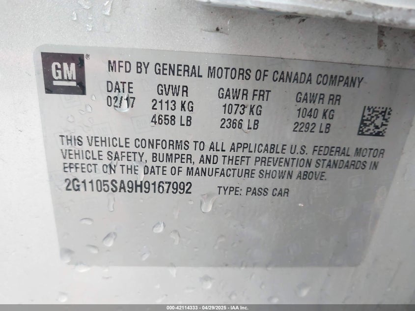2017 CHEVROLET IMPALA VIN: 2G1105SA9H9167992